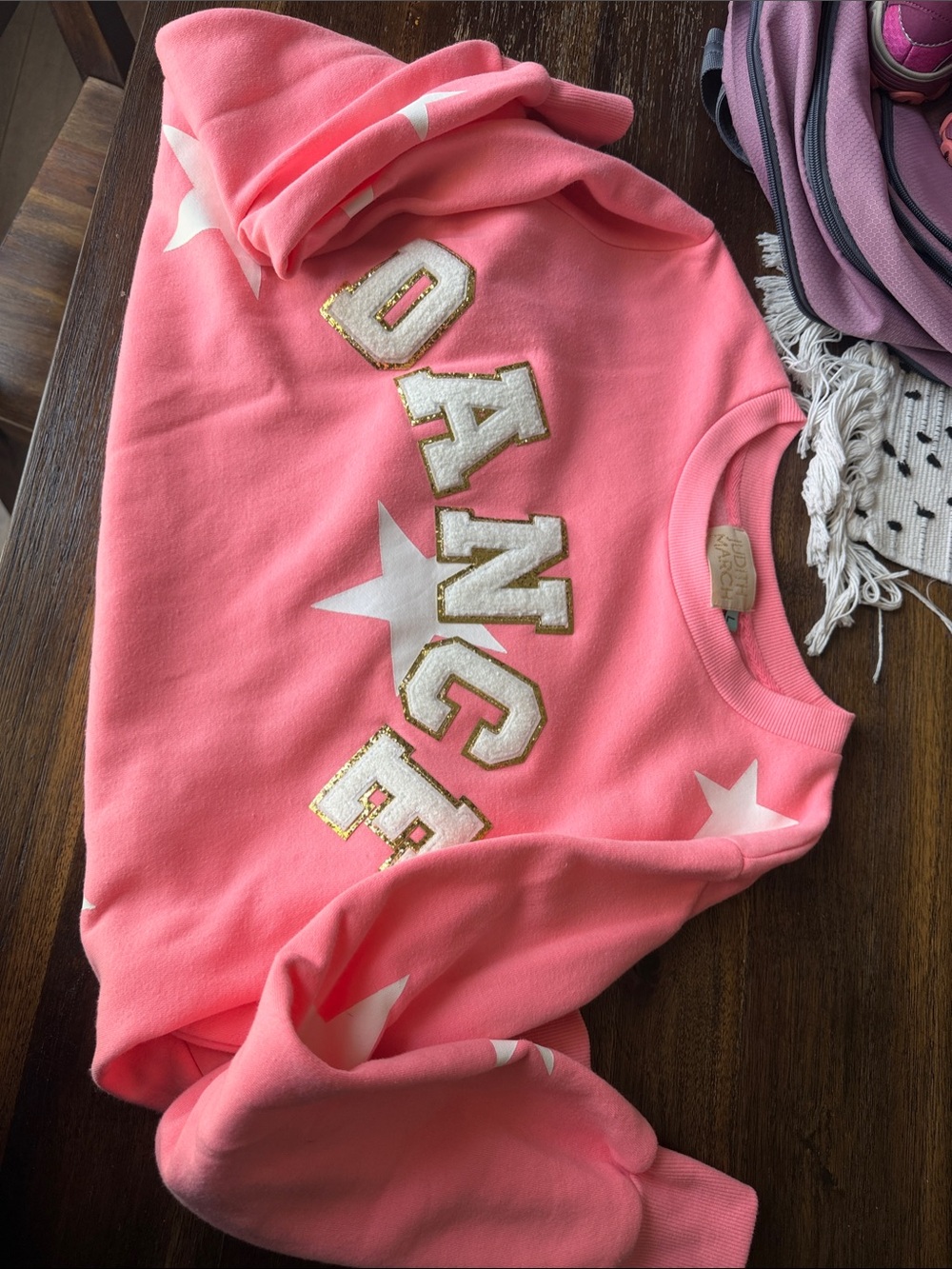 Judith March Pink Sweatshirt with Gold-Trim 'DANCE' and White Stars